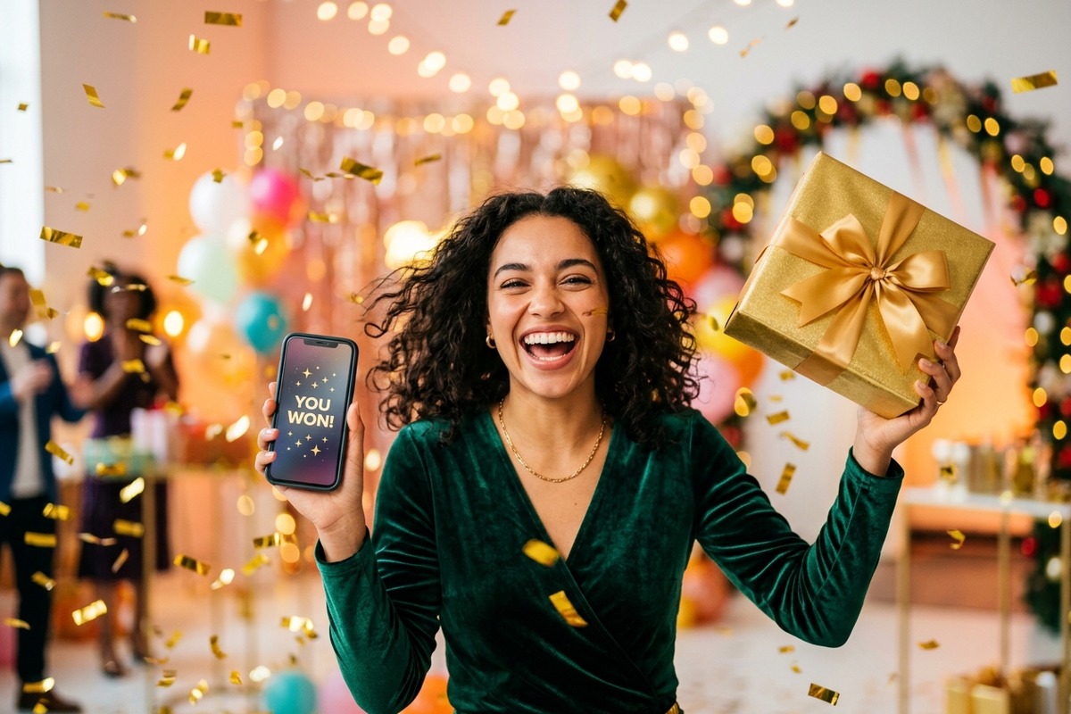 Woman holding a gift box and smartphone — Instagram giveaway guide