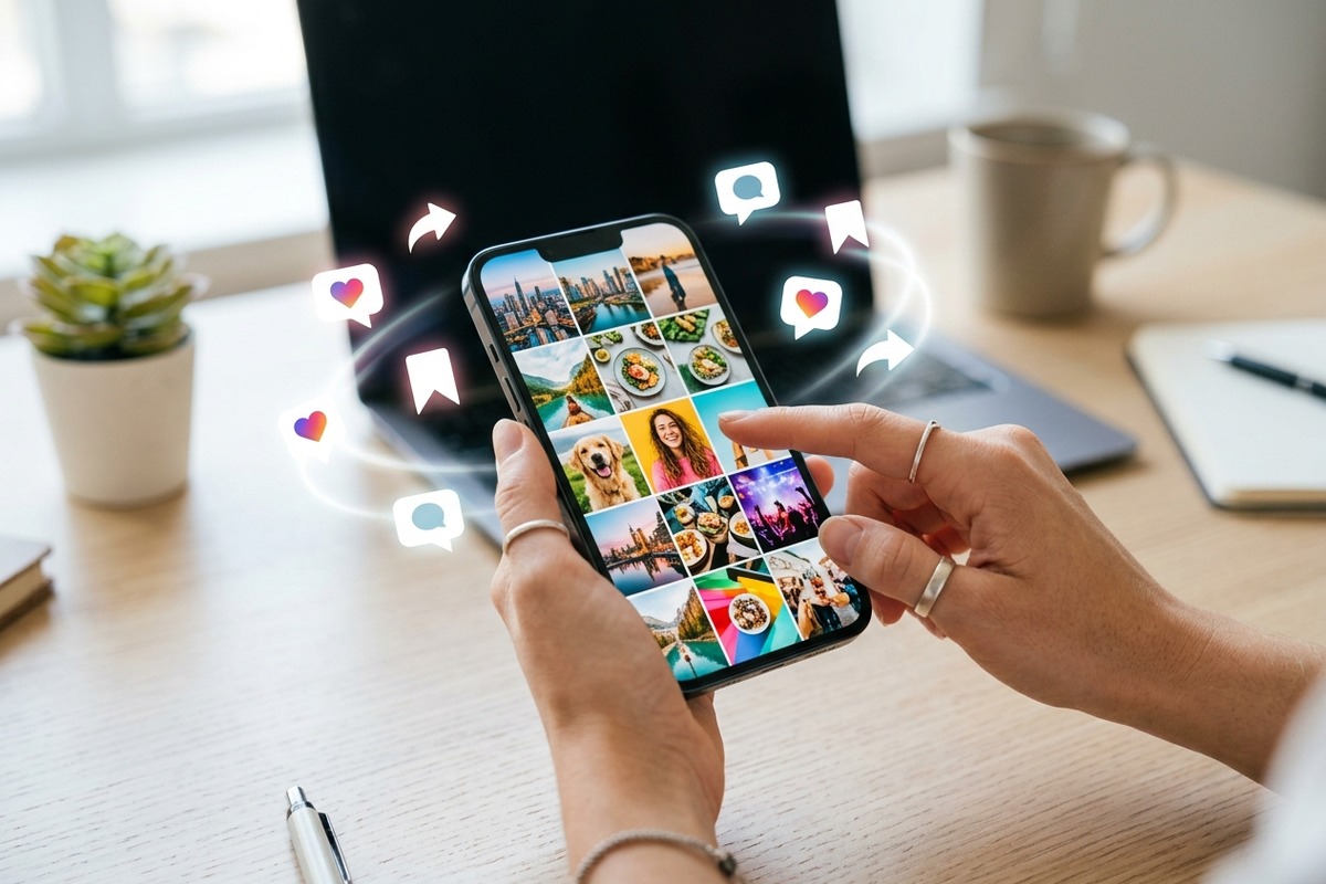 Smartphone showing an Instagram feed with hashtags — Instagram visibility guide