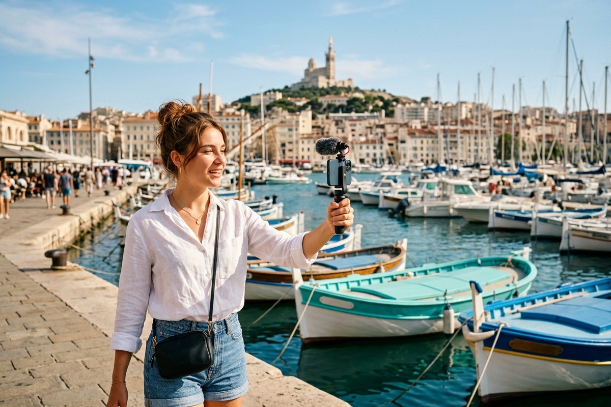 Content creator vlogging at the Old Port of Marseille — top influencers in Marseille