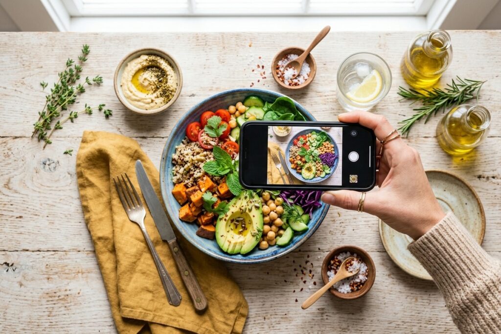 Overhead shot of a styled dish photographed on a phone — top food influencers