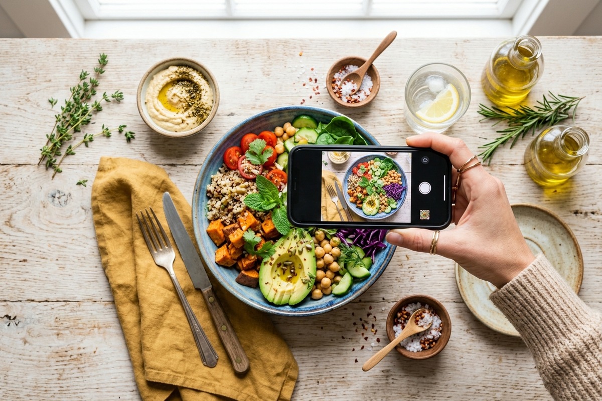Overhead shot of a styled dish photographed on a phone — top food influencers