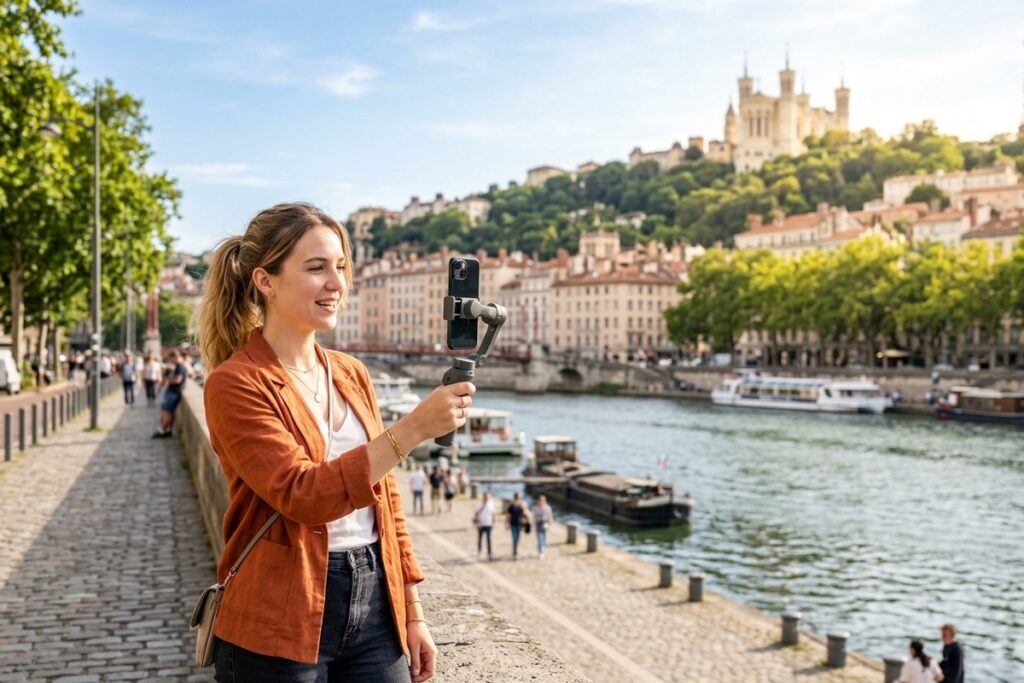 Content creator filming by the Saone river in Lyon — top influencers in Lyon
