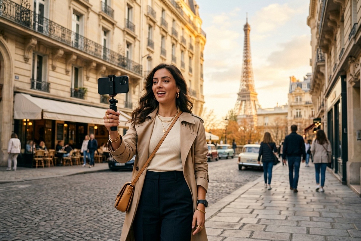 Content creator filming with the Eiffel Tower behind — top influencers in Paris