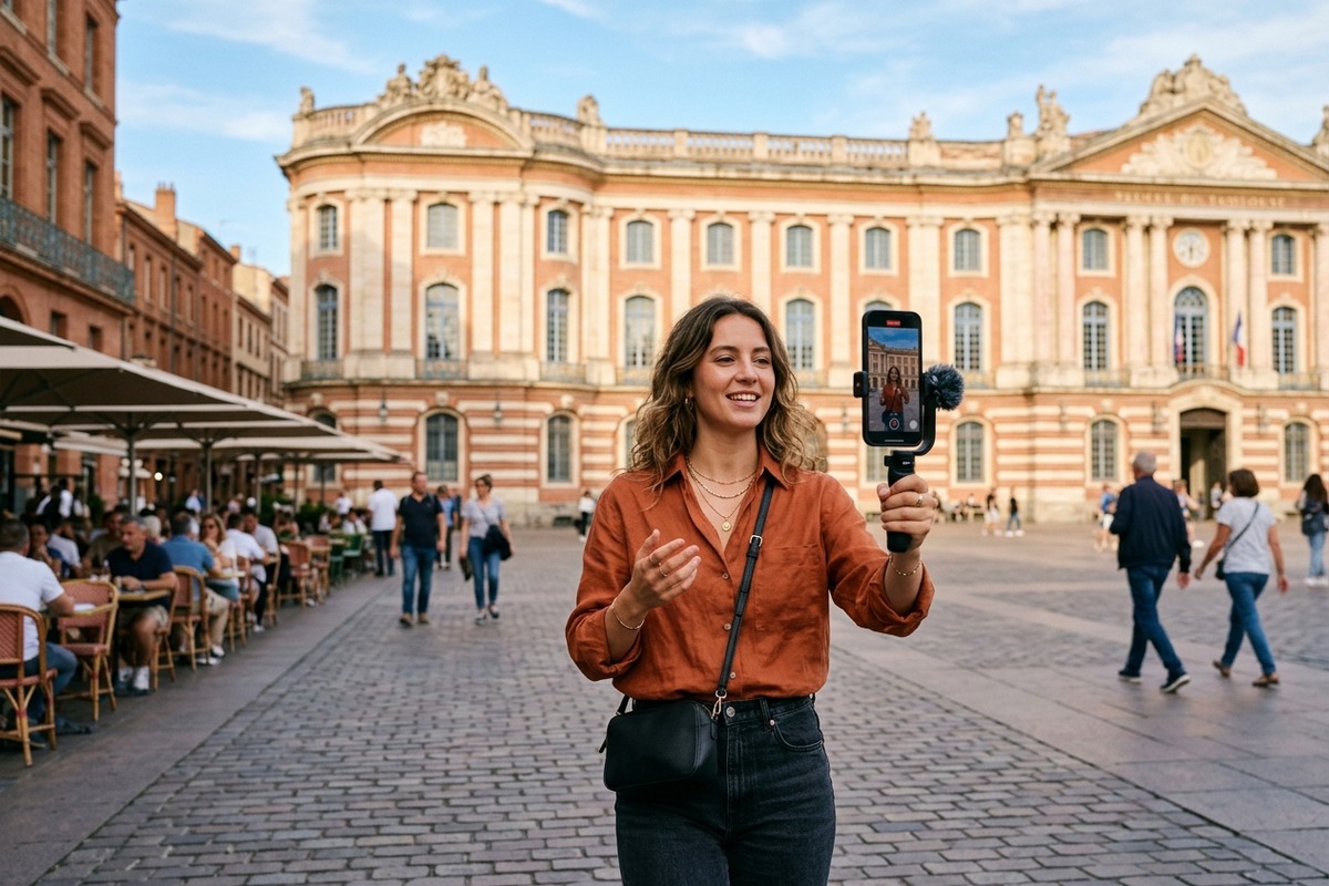 Content creator in front of pink brick Toulouse architecture — top influencers in Toulouse